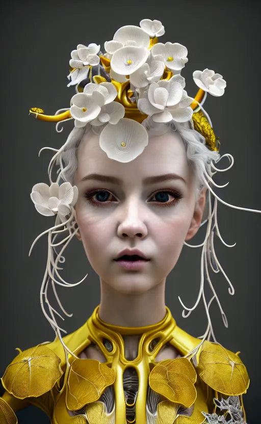Image similar to intricate hyper detailed ultra sharp 3 d render of a beautiful porcelain doll portrait, medium shot portrait, bright light, alexandre ferra white mecha, cyberpunk mechanical haute couture flagella and fungi, magnolia goliath head ornaments, big embroidered leaves filigree sinuous roots, octane render, volumetric cinematic lighting, yellow, 8 k, vray tracing