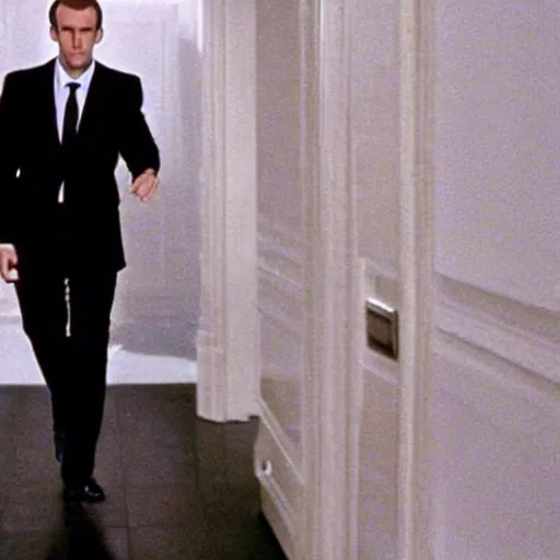 Image similar to Emmanuel Macron walking in American Psycho (1999)