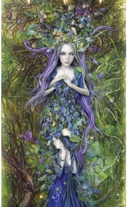 Prompt: fey queen of the summer forest, dress of leaves, fine features, thin, young, silver shimmering hair, by brian froud, stars, night colors, night, purple blue black, oil on canvas, oil panting