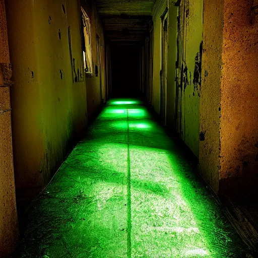 Prompt: a glowing green coffin inside a dilapidated hallway, soft light, cinematic