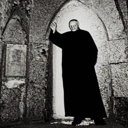 Image similar to award - winning photograph of john paul ii standing in the entrance to a small burning church building, at night, pitch black, christian cross