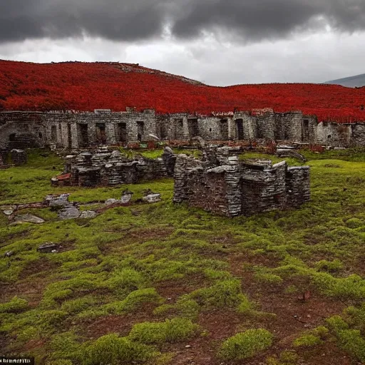 Image similar to the ruins of a giant village made out of stone bricks and overgrown with red moss, in a landscape with hills and swirling trees, and giant black crimson mountains on the horizon, gloomy