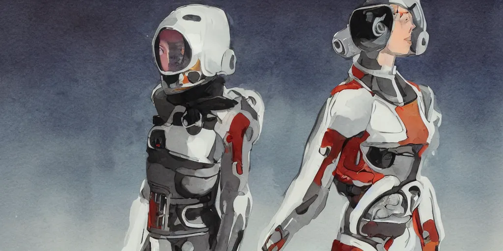 Image similar to female, full body, wide shot, modern space suit, intriguing helmet, stylized character design, the expanse tv series, large shoulders, short torso, long thin legs, tiny feet, science fiction, hyperdetailed, technical suit, dieselpunk, watercolor digital painting, in the style of bruce timm, by alex maleev