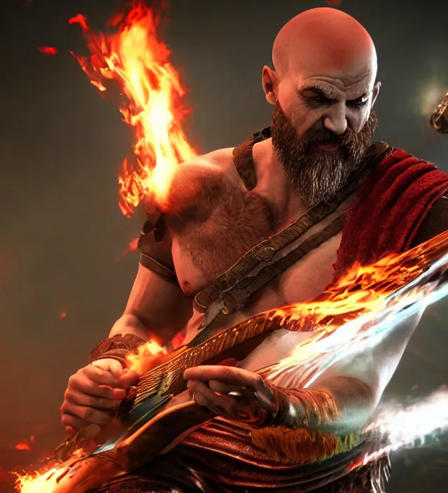 Image similar to kratos shredding on a flaming stratocaster guitar, cinematic render, god of war 2 0 1 8, santa monica studio official media, lightning, stripe over eye