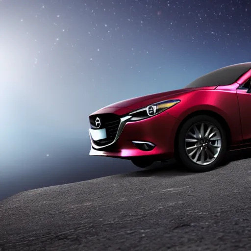 Image similar to A Mazda 3 hatchback as an alien spaceship flying over the Moon, 4K, High Detail,