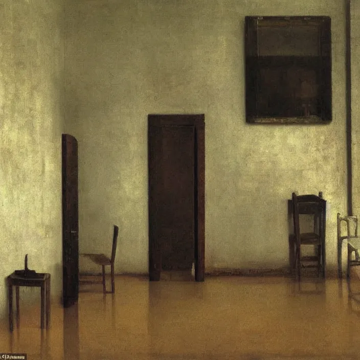 Image similar to interior of a flooded old house full of furniture. painting by hammershoi, balthus, mark rothko, vermeer, monet