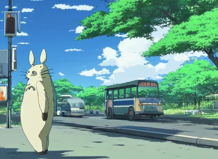 Prompt: a totoro standing next to a bus-stop , wide shot, peaceful and serene, incredible perspective, anime scenery by Makoto Shinkai, very detailed