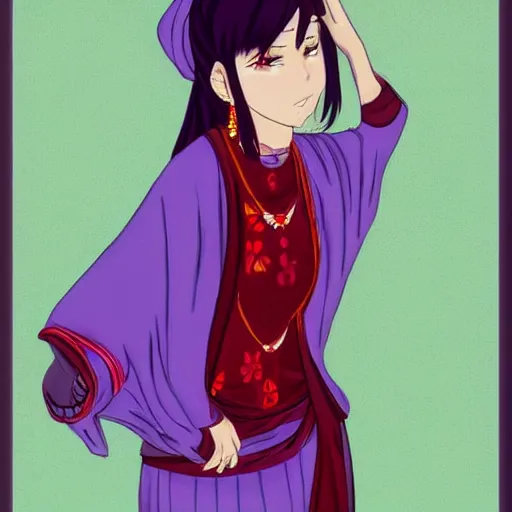 Prompt: “Confident woman in Central Asian clothes, Anime style”