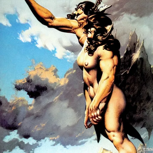 Prompt: dramatic overcast by frazetta