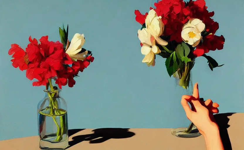 Image similar to beautiful still life featuring blooming flowers and a hand gun, very coherent, painted by Edward Hopper, painted by James Gilleard, airbrush, art by JamesJean