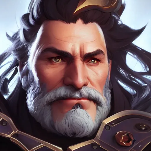 Image similar to Closeup of Reinhardt from Overwatch, D&D, fantasy, intricate, elegant, highly detailed, digital painting, artstation, concept art, matte, sharp focus, illustration, hearthstone, art by Artgerm and Greg Rutkowski and Alphonse Mucha