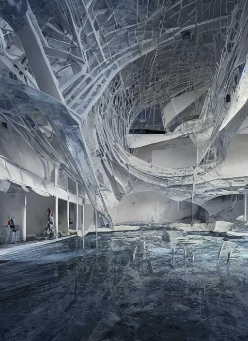 Image similar to art exhibition, architecture installation in biennale venezia, bioremediation white mining tailing futuristic horizontal architecture, epic, cinematic, hyperealistic, high detailed, corona render, hdr, ray tracing