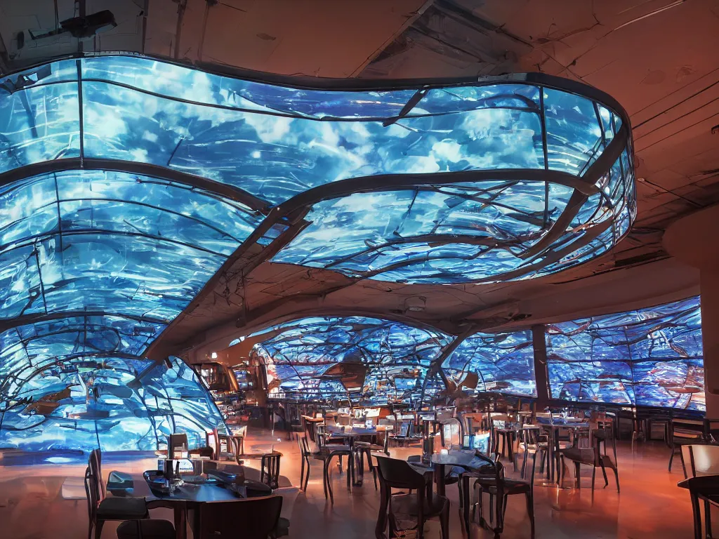 Prompt: visor with curved translucent screens projecting detailed sci - fi art ( 2 0 4 2 ), pixel perfect photograph, high contrast, volumetric lighting, thin glowing lights, restaurant, chairs, users, pair of keys