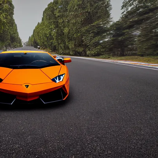 Image similar to super realistic supercar lamborghini on a road, 4k, 8k, hdr, full hd, high quality textures, high quality shadows, high quality lightning, intense world lightning, HDR, global illumination, post processed, hyperrealistic, photorealistic, photo realistic, realistic, detailed sky