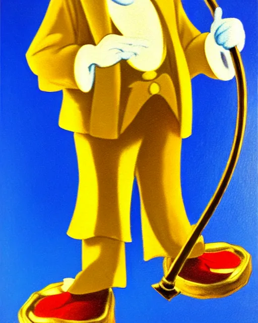 Image similar to Scrooge McDuck from the Duck Tales in blue costume standing on a mountain of golden gold and holding a cane, view from below, full body portrait including head, oil painting, highly detailed