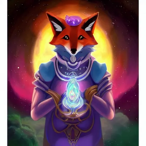 Image similar to a stylized painting of an avatar of an awesome cosmic powerful luxurious foxfolk mage themed around death and the cosmos, in the style of dnd beyond avatar portraits, beautiful, artistic, elegant, lens flare, magical, lens flare, nature, realism, stylized, art by jeff easley and genndy tartakovsky and hayao miyazaki
