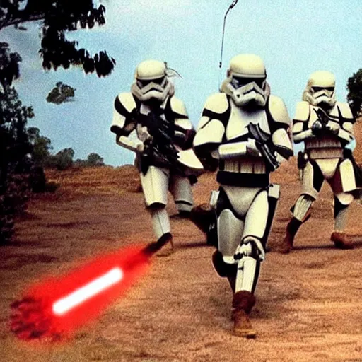 Image similar to star wars clone troopers combat soldiers in vietnam, photo, old picture, lush landscape, jungle, firearms, explosions, helicopters, aerial combat, active battle zone, flamethrower, air support, jedi, land mines, gunfire, violent, star destroyers, star wars lasers, sci - fi, jetpacks, agent orange, bomber planes, smoke, trench warfare