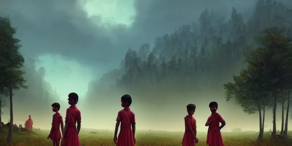 Prompt: kerala school boys wearing girls dresses posing for a photo, daylight, an epic fantasy, dramatic lighting, cinematic, establishing shot, extremely high detail, photorealistic, cinematic lighting, artstation, matte painting by simon stalenhag, horizon forbidden west landscape