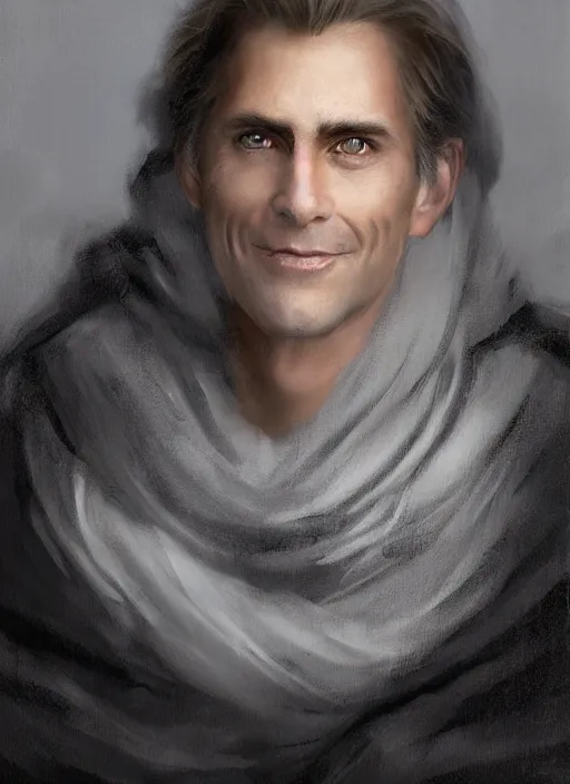 Image similar to a clean shaven man aged 4 0 with tousled blonde hair and hazel eyes and a friendly smile standing in the mist. he is handsome and wearing a cloak made of grey and black strips. head and shoulders portrait painting by greg rutkowski and raymond swanland.