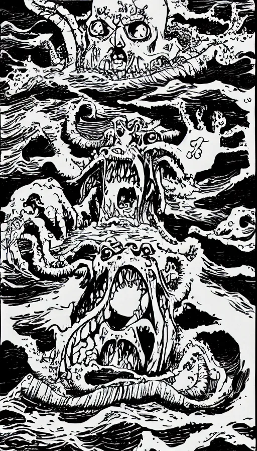 Prompt: man on boat crossing a body of water in hell with creatures in the water, sea of souls, by eiichiro oda