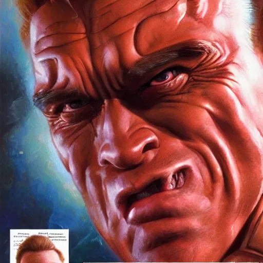 Prompt: Arnold Schwarzenegger in Total Recall, closeup character art by Donato Giancola, Craig Mullins, digital art, trending on artstation