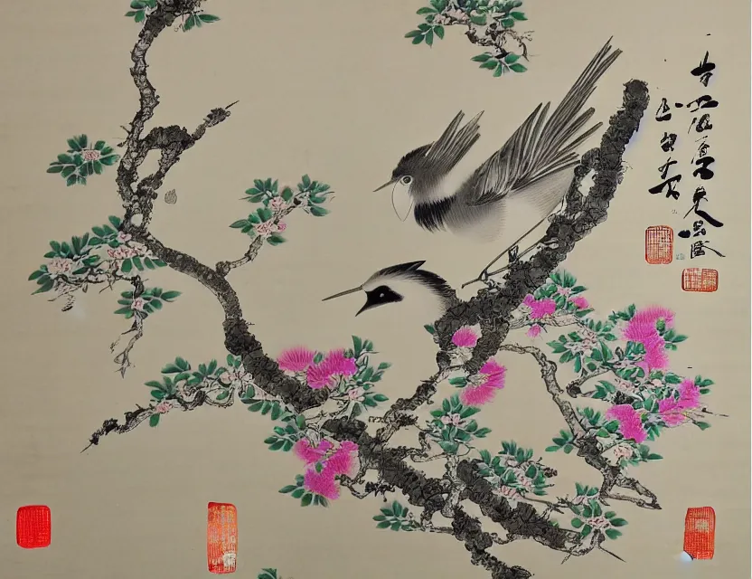 Prompt: bird in the garden and flowers chinese style art very detailed