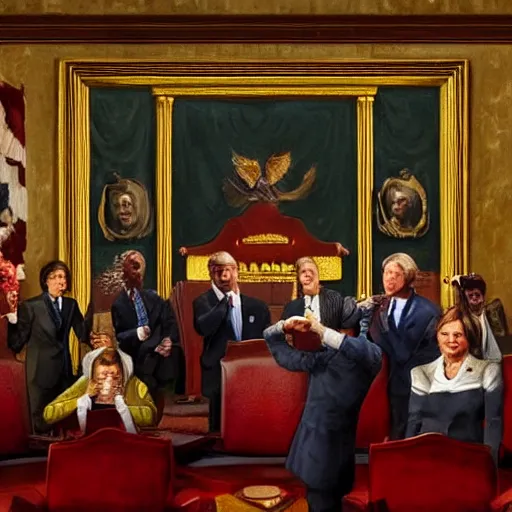 Prompt: oil painting of us senators devouring bones in the senate chamber