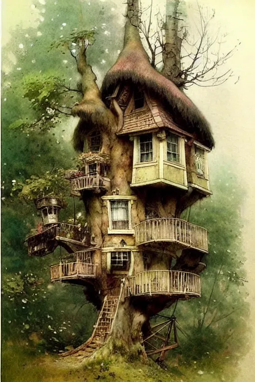 Prompt: (((((1950s fairy tale cottage tree house . muted colors.))))) by Jean-Baptiste Monge !!!!!!!!!!!!!!!!!!!!!!!!!!!