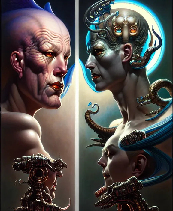 Image similar to beautiful gemini good and evil fantasy character portrait, ultra realistic, wide angle, intricate details, the fifth element artifacts, highly detailed by peter mohrbacher, hajime sorayama, wayne barlowe, boris vallejo, aaron horkey, gaston bussiere, craig mullins