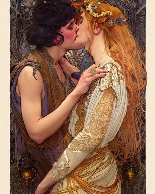 Image similar to the kiss | highly detailed | very intricate | art nouveau | gold filigree | romantic storybook fantasy | soft cinematic lighting | award - winning | professional portraiture | disney concept art watercolor illustration by mandy jurgens and alphonse mucha and alena aenami | pastel color palette | featured on artstation