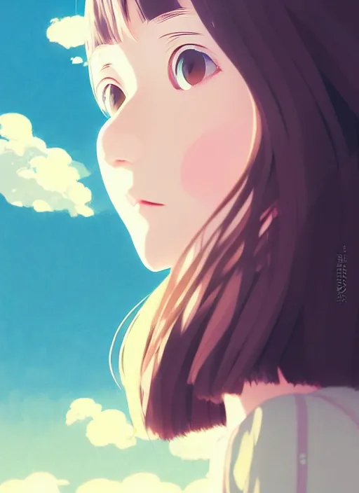 Image similar to portrait of a smiling girl by ilya kuvshinov, cloudy sky background lush landscape ln illustration concept art anime key visual trending pixiv by victo ngai fanbox by greg rutkowski makoto shinkai takashi takeuchi studio ghibli