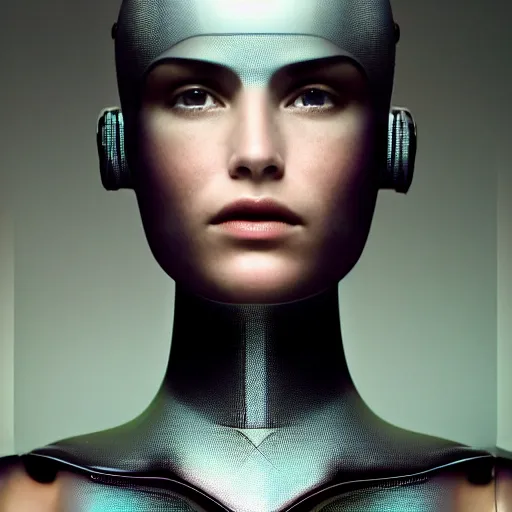 Image similar to portrait of a stunningly beautiful futuristic female robot, from the movie ex machina, depth of field, zeiss lens, detailed, symmetrical, centered, fashion photoshoot, by Annie Leibovitz and Steve McCurry, David Lazar, Jimmy Nelsson, Breathtaking, 8k resolution, extremely detailed, beautiful, establishing shot, artistic, hyperrealistic, beautiful face, octane render