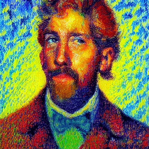 Prompt: oil on canvas, vivid colors, portrait of a man, impressionistic, rough paint, pointillism