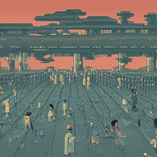 Prompt: a dystopian earth when humans are ruled by a large pointing finger and there are rows of people in shackles going to office jobs, flat design, screen print by kawase Hasui and Dan hillier, 8k, artstation