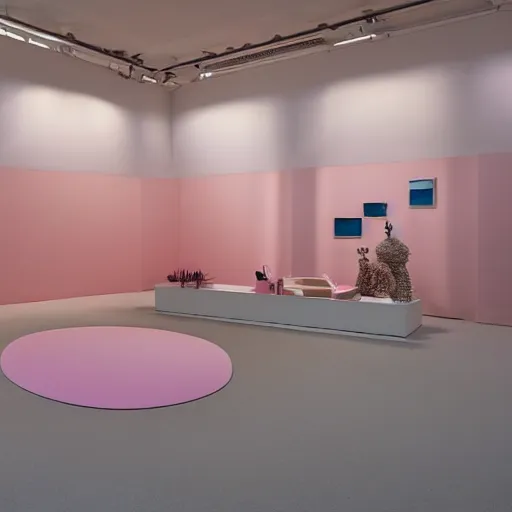 Image similar to An ultra high definition, professional photograph of a partial IKEA showroom inspired sculpture located on a pastel pink beach ((with pastel pink, dimpled sand where every item is pastel pink. The sun can be seen rising through a window in the showroom.)) The showroom unit is outdoors and the floor is made of dimpled sand. Morning time indirect lighting with on location production lighting on the showroom. In the style of wallpaper magazine, Wes Anderson.