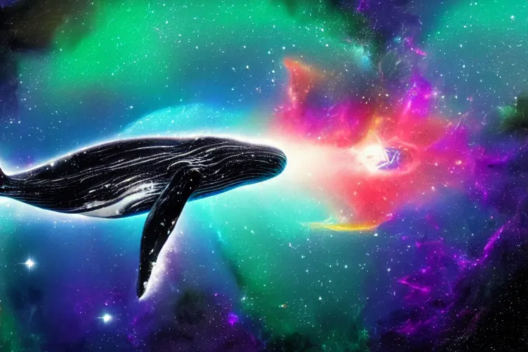 Image similar to a cosmic humpback whale swimming through a colorful space nebula with a black hole, event horizon, digital art, photorealistic