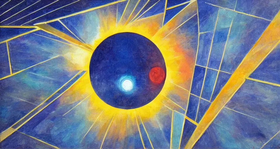 Image similar to hexagonal solar sail between the sun and earth, art deco painting