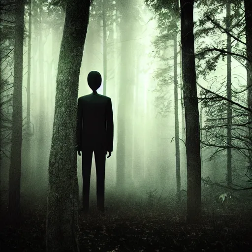 Prompt: slenderman standing in a dark ominous forest, creepy, scary, realistic, photorealistic, found footage, dark, night, ambience, shadows, dim