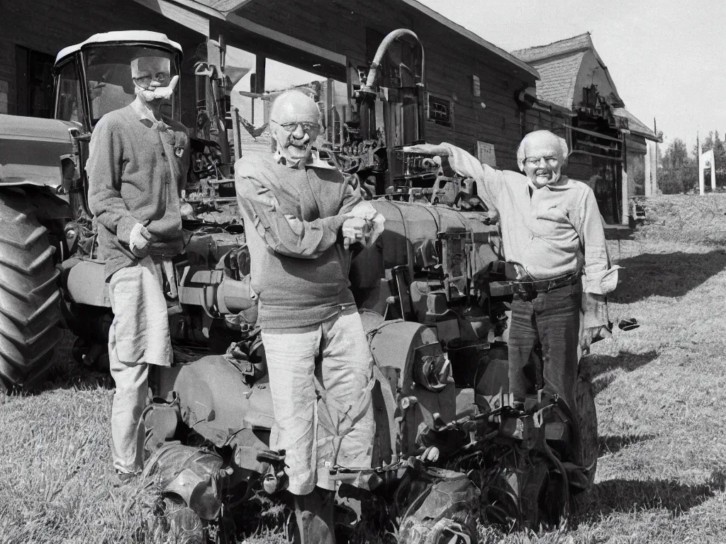 Image similar to happy finnish grandpa posing next to his new valmet - tractor smiling to the camera, 1 9 6 6, home album pocket camera photo, detailed facial features, hyper realistic