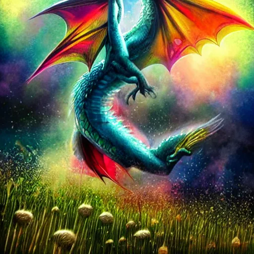 Prompt: a dragon made of opal crystals, breathing rainbow fire over a field of cotton candy grass, in the style of artgerm.
