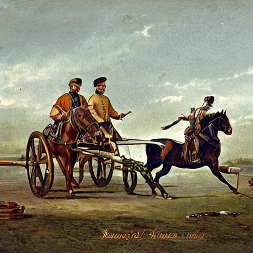 Prompt: a horse pulling a canon. the canon is harnessed to the horse and towed