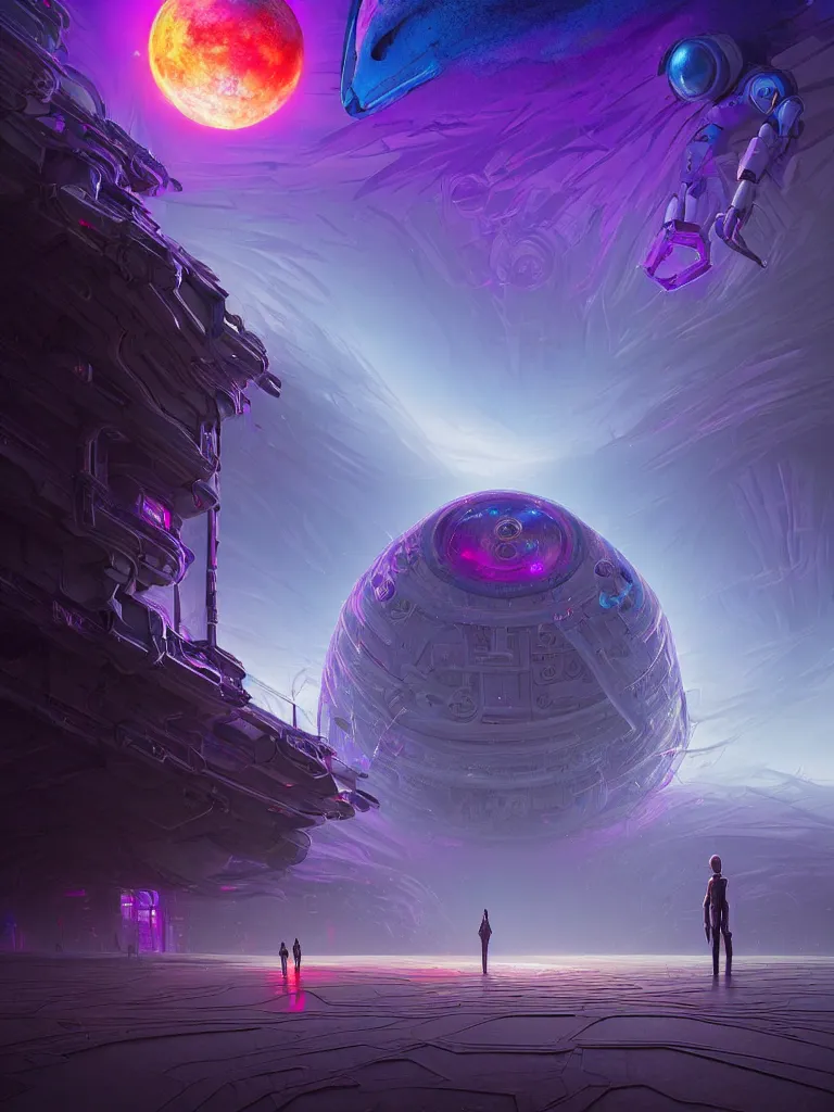 Image similar to entrance to ethereal realm, humans and robots, rendered in unreal engine, central composition, symmetrical composition, dreamy colorful cyberpunk colors, 6 point perspective, fantasy landscape with anthropomorphic!!! terrain!!! in the styles of igor morski, jim warren, and rob gonsalves, intricate, hyperrealistic, volumetric lighting, big sky, distinct horizon