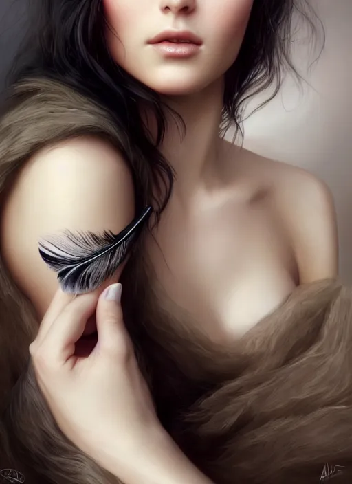 Image similar to a gorgeous female photo, professionally retouched, soft lighting, wearing a feather dress, realistic, smooth face, perfect eyes, wide angle, sharp focus on eyes, 8 k high definition, insanely detailed, intricate, elegant, art by artgerm and greg rutkowski and mark hill