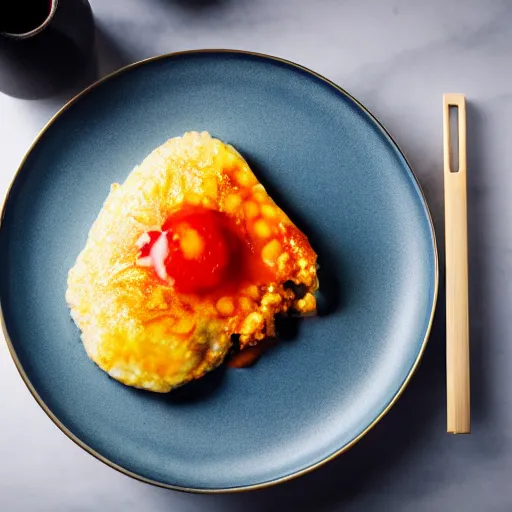 Image similar to a minimalist eating omurice on a embossed silver plate, color restoration, clear focus, golden hour