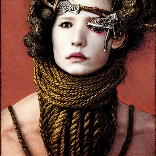 Image similar to portrait of a Shibari rope wrapped face and neck, headshot, insanely nice professional hair style, dramatic hair color, digital painting, of a old 15th century, old cyborg merchant, amber jewels, baroque, ornate clothing, scifi, realistic, hyperdetailed, chiaroscuro, concept art, art by Franz Hals and Jon Foster and Ayami Kojima and Amano and Karol Bak,