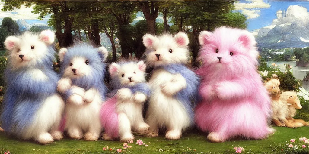 Image similar to 3 d precious moments plush animal with realistic fur and a blue / white / gray / green / pink / tan / mid pink / blue gray color scheme, landscape, master painter and art style of john william waterhouse and caspar david friedrich and philipp otto runge