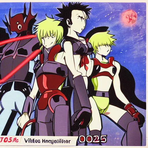 Image similar to old vhs tape of an anime about a group of vampiric robots hunting down humans to use as power sources, nongraphic, cover art