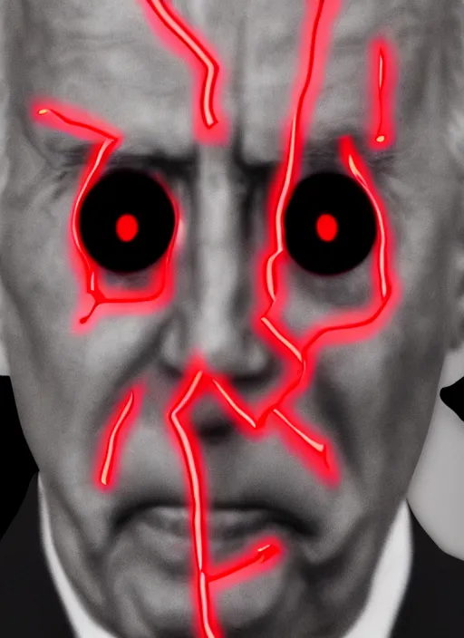 Image similar to hyper realistic ultra realistic vengeful photo furious glowing red eyes biden, high quality photo, detailed , 8k