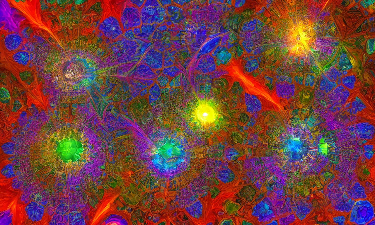 Image similar to voronoi engine laboratory 3 d volume kaleidoscope mandala fractal chakra digital multicolor stylized concept substance liquid nebula stone, a spectacular view cinematic rays of sunlight comic book illustration, by john kirby radiating a glowing aura global illumination ray tracing hdr depth fog overlay multiply photoshop layer