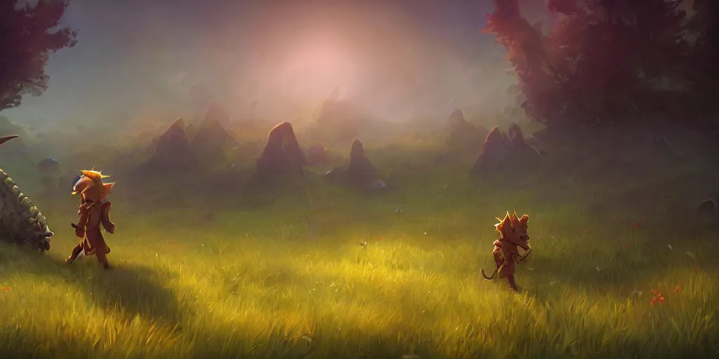 Image similar to A dragon stands in the middle of a meadow, dark atmosphere, mattepainting concept Blizzard pixar maya engine on stylized background splash comics global illumination lighting artstation lois van baarle, samwise didier, rossdraws